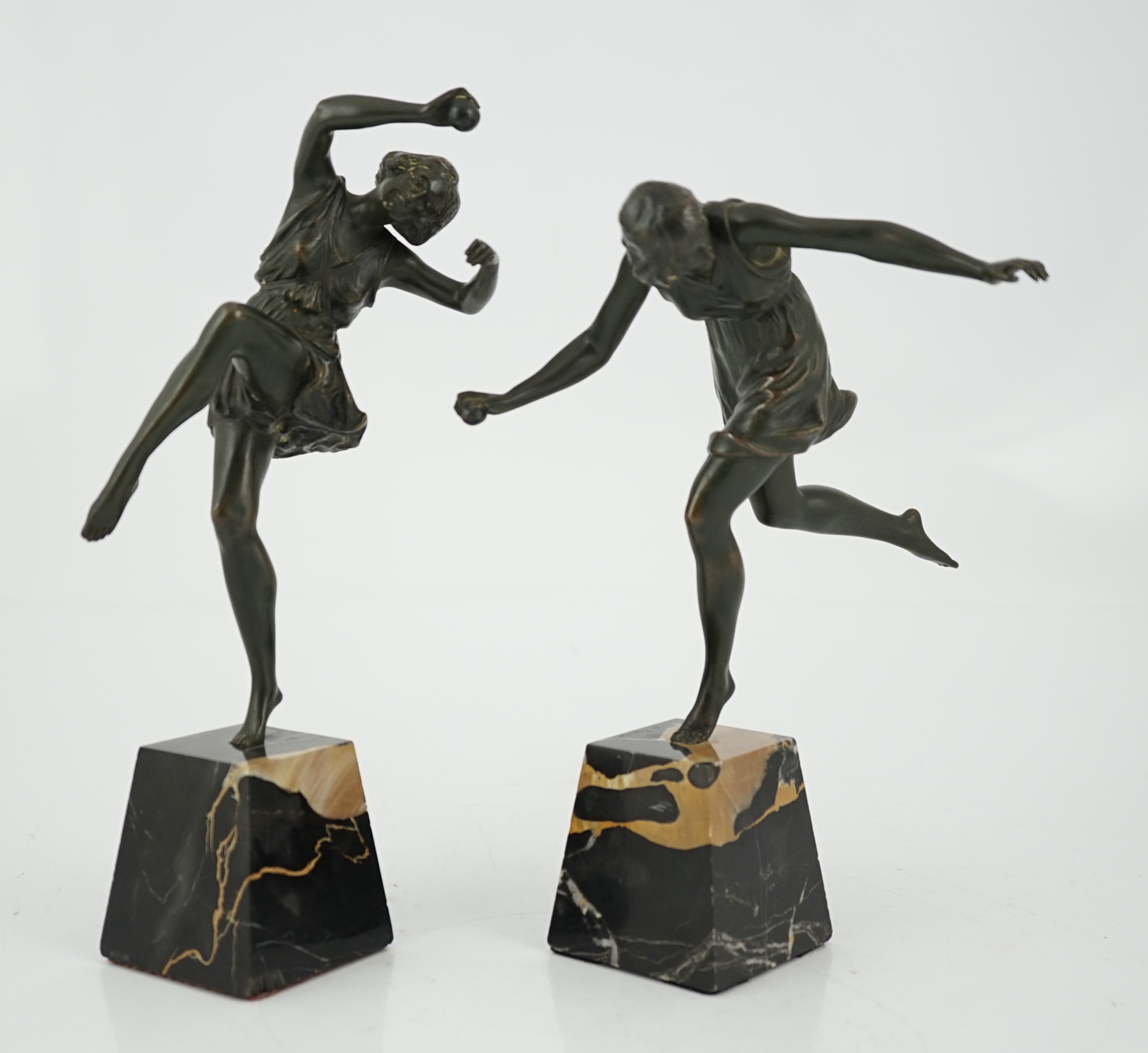 Pierre Camille Marie Le Faguays (1892–1962), a pair of bronze Art Deco figures of classical dancers, 29cm and 25cm high